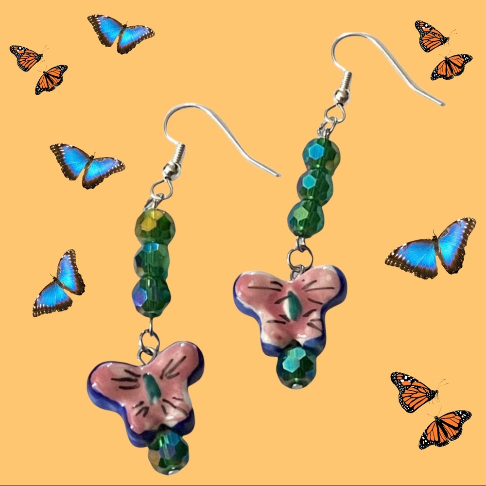 Hand Crafted Porcelain Butterfly Dangle Earrings Blue Pink Green Pierced - Picture 1 of 6